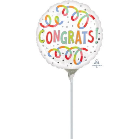 22cm Congrats Swirls Foil Balloon with vibrant swirls, perfect for birthdays, graduations, and celebrations.