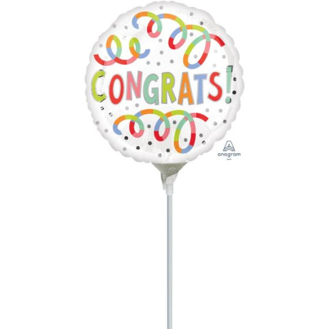 22cm Congrats Swirls Foil Balloon with vibrant swirls, perfect for birthdays, graduations, and celebrations.