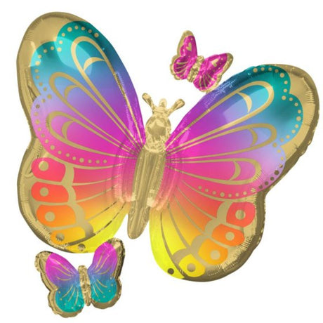 Colorful SuperShape balloons featuring vibrant butterfly designs, perfect for festive celebrations.