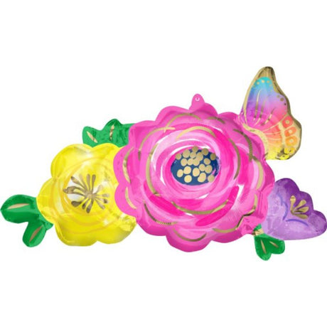 Vibrant SuperShape XL balloon featuring beautiful flowers and a butterfly, perfect for celebrations and decorations.