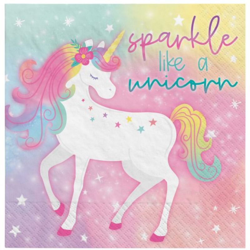 Colorful pack of 16 enchanted unicorn lunch napkins, perfect for whimsical kids' parties and celebrations.