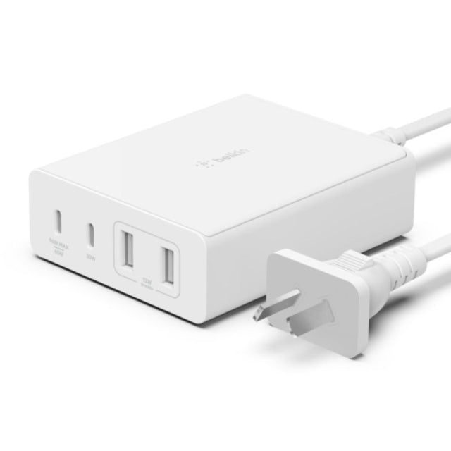 Belkin 108W GaN USB-C Charger with 4 ports, 2M cord, ideal for fast charging multiple devices simultaneously.