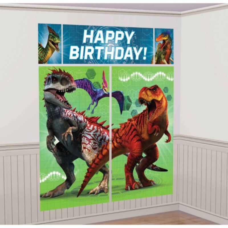 Jurassic World party scene setter with backdrops and photo props for thrilling dinosaur-themed celebrations.