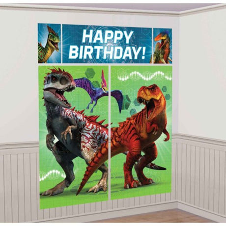 Jurassic World party scene setter with backdrops and photo props for thrilling dinosaur-themed celebrations.