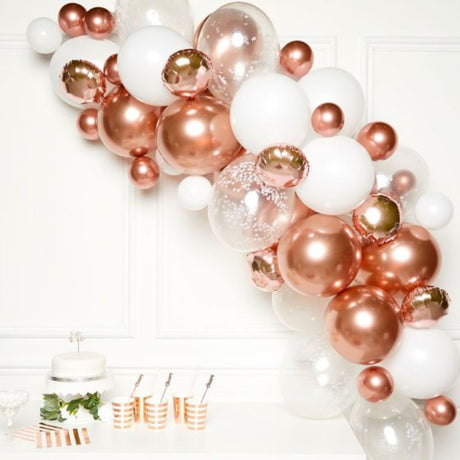 Rose gold balloon garland kit with 66 assorted balloons, including confetti and foil, perfect for celebrations.
