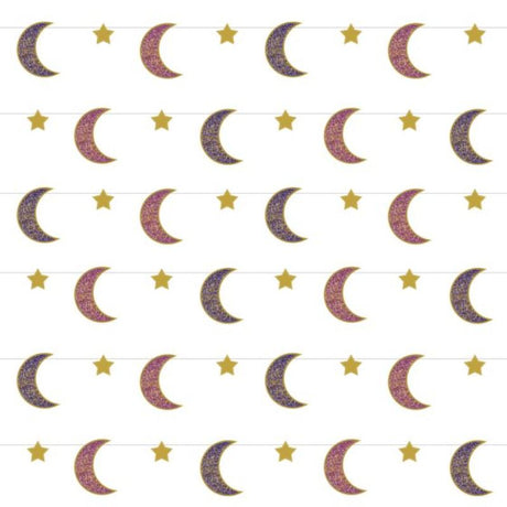 Pack of 6 Opulent Eid Hanging String Decorations, 2.13m long, colorful cardboard designs for elegant festive decor.