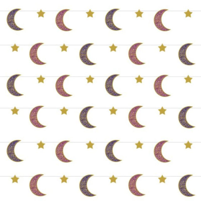 Pack of 6 Opulent Eid Hanging String Decorations, 2.13m long, colorful cardboard designs for elegant festive decor.