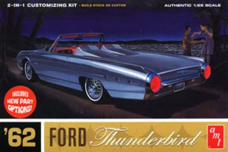1/25 scale model kit of 1962 Ford Thunderbird, featuring precision-molded parts for easy assembly and customization.
