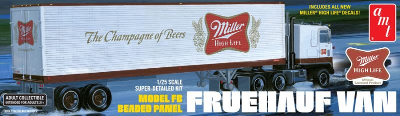 1/25 scale AMT Fruehauf Trailer Miller model kit with over 135 detailed parts, vibrant colors, and 19.125-inch length.