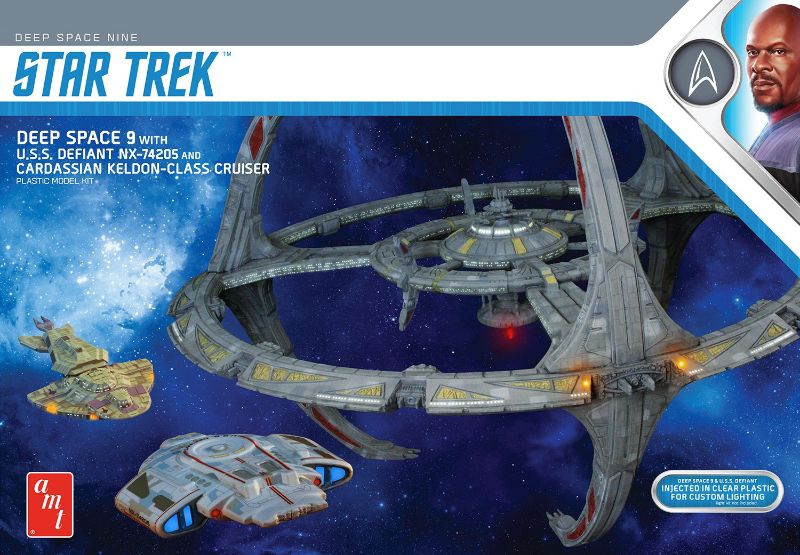 1:3300 scale model kit of Deep Space 9 with U.S.S. Defiant and Cardassian cruiser, featuring detailed decals and display base.
