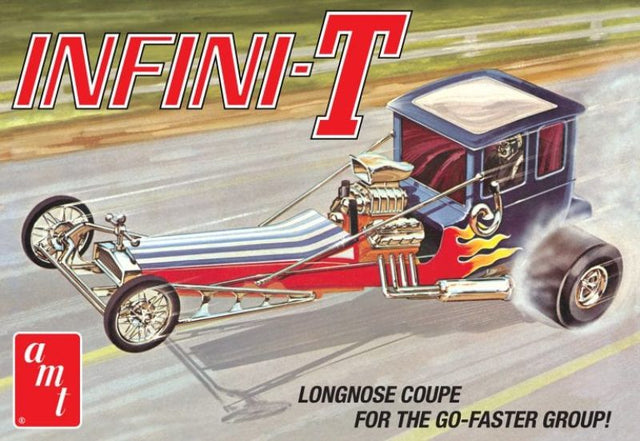 1/25 Infini-T Custom Dragster model kit featuring a blown mega-engine and customizable parts for drag racing enthusiasts.