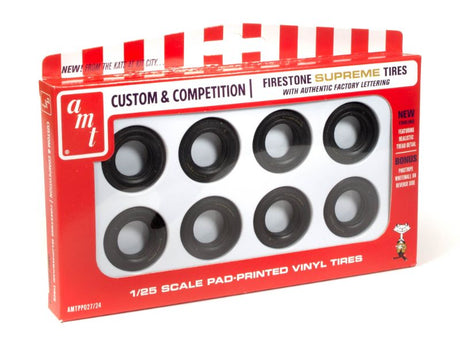 Eight detailed Firestone Supreme Tires for 1/25 scale models, crafted from durable plastic for realism and style.