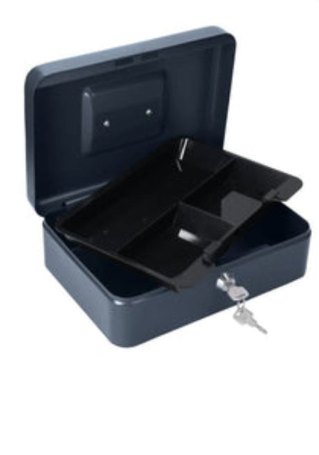 Compact locking cash box with built-in coin tray for secure cash handling, ideal for home and business use.