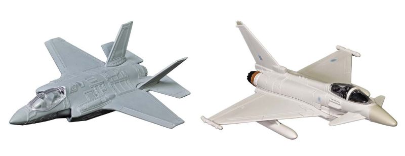 Diecast models of F-35 Lightning II and Eurofighter Typhoon, showcasing modern military aircraft design and detail.