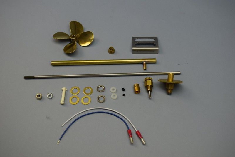 Wooden Ship Fittings Kit #1248 features a 3/16” prop shaft, stuffing box, gears, and a 3” four-bladed propeller for model boats.