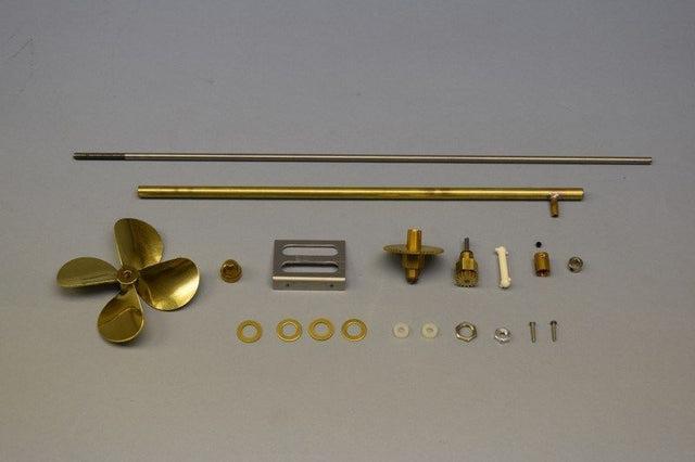 Wooden Ship Fittings Kit #1272 for Carol Moran Tug with stainless steel shaft, brass propeller, and gear reduction components.