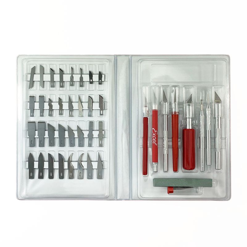 Hobby Knife Set featuring 46 precision blades, robust handles with secure grip, ideal for artists and hobbyists.