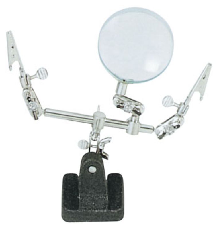 Weighted hobby tool with adjustable clamps and magnifier for precise craftsmanship and model making.