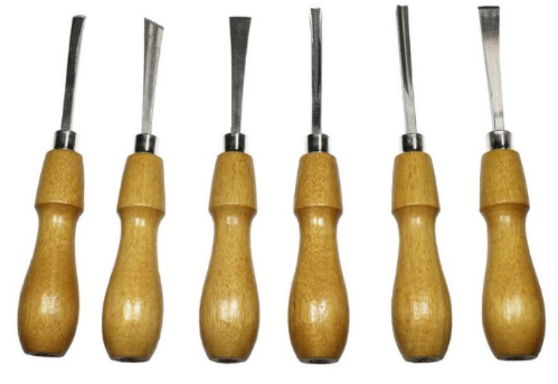 Excel Gouging Tools 6 Pack with ergonomic wood handles for versatile wood carving, includes various chisel shapes and vinyl case.