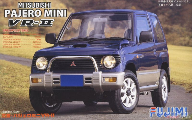 1/24 scale model kit of the Mitsubishi Pajero Mini VR-II, featuring detailed parts for enthusiasts and collectors.