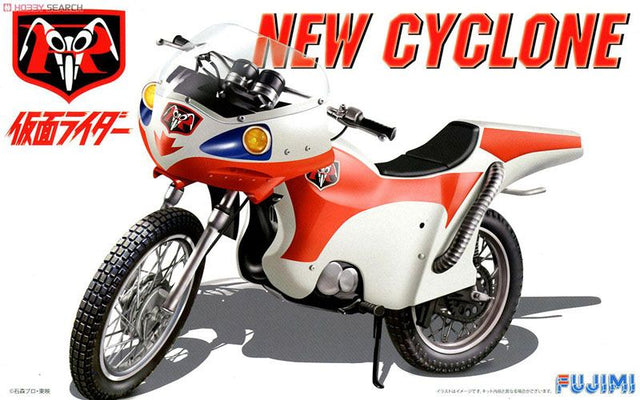 Detailed 1/12 scale plastic model kit of Kamen Rider's New Cyclone Motorcycle, perfect for enthusiasts and collectors.
