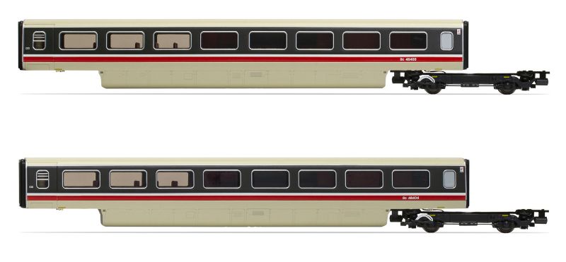 Hornby Class 370 APT TRBS coach pack featuring two detailed coaches, ideal for enhancing model railway layouts.