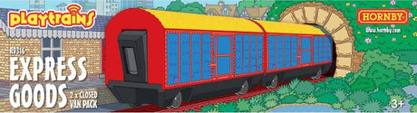 Colorful Hornby Playtrains Wagon Pack featuring 2 closed vans, perfect for imaginative railway setups and transporting goods.