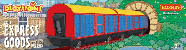 Colorful Hornby Playtrains Wagon Pack featuring 2 closed vans, perfect for imaginative railway setups and transporting goods.