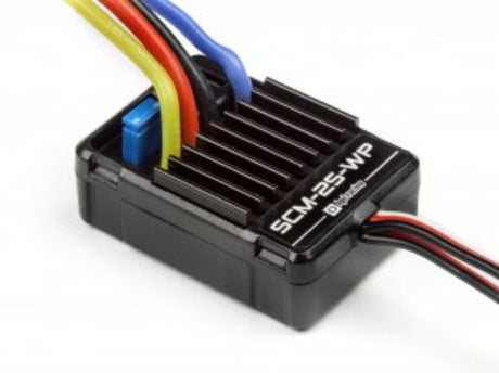 Waterproof ESC SCM-2S for RC cars, handling 2S LiPo and 5-6 NiMH cells with 25A continuous power, perfect for racing.