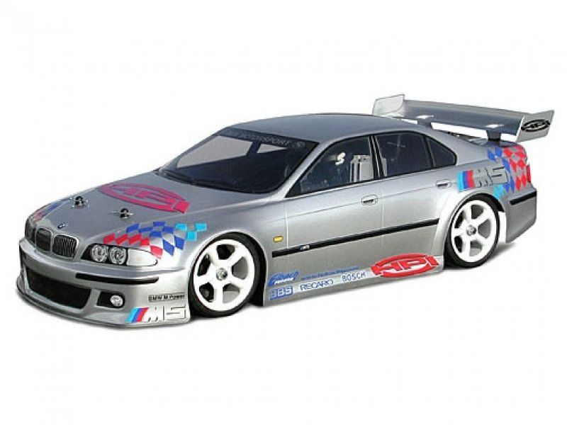 Racing BMW M5 body for 200mm RC cars with detailed decals, pre-cut masks, and durable polycarbonate for enhanced racing performance.