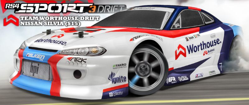 1/10 RS4 Drift Nissan Silvia S15 RC car in striking Team Worthouse livery, perfect for drift racing and high-speed maneuvers.