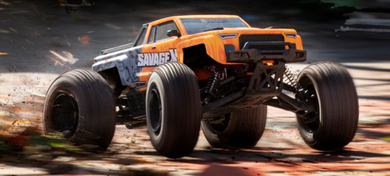 cFlux 1/8 Savage X V2 GT-6 RC monster truck with brushless motor, designed for speed and rugged terrain durability.