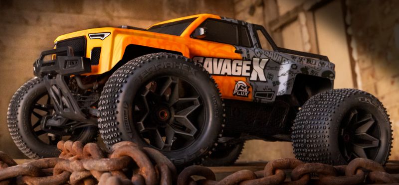 cFlux 1/8 Savage X V2 GT-6 radio control car, a high-speed monster truck with rugged design and powerful brushless motor.