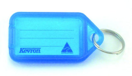 Loose Blue Kevron Key Tag Holder with Label, featuring durable material, easy tag swapping, and vibrant color for organized keys.