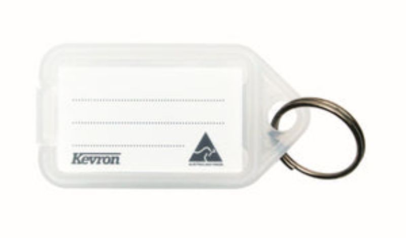Clear Kevron key tag holder with label for easy organization and quick identification of keys.