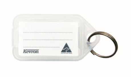 Clear Kevron key tag holder with label for easy organization and quick identification of keys.