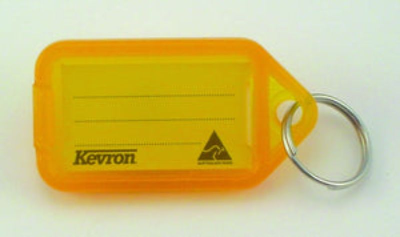 Vibrant orange Kevron key tag holder with easy-open design for customized labeling and secure stainless steel keyring.