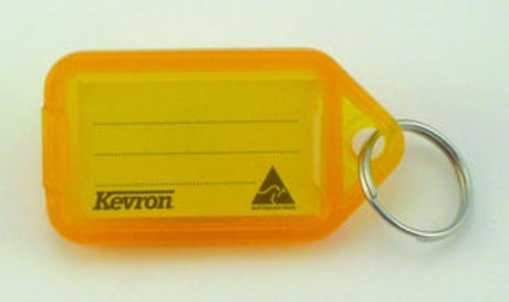 Vibrant orange Kevron key tag holder with easy-open design for customized labeling and secure stainless steel keyring.