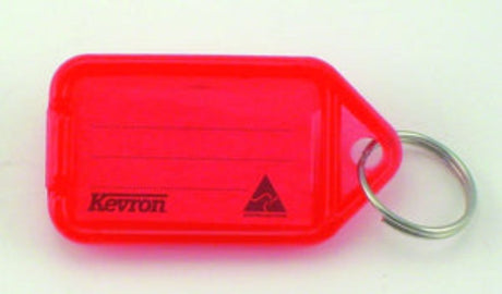 Vibrant red key tag holder made of durable Kevron with label inserts and an easy-opening stainless steel keyring.