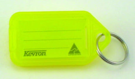 Bright yellow key tag holder with label for easy key organization and secure storage, ideal for home and travel.