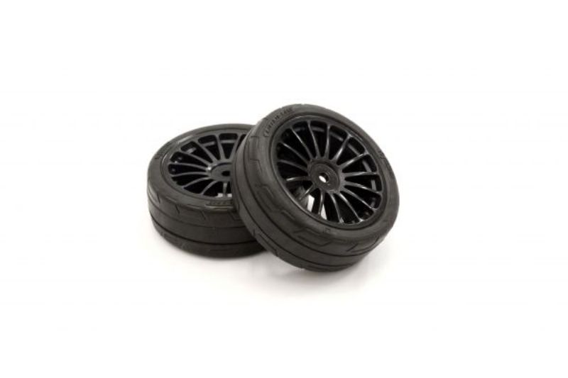Kyosho FZ02 pre-mounted tires with 15-spoke design for RC vehicles, offering superior grip, durability, and instant installation.