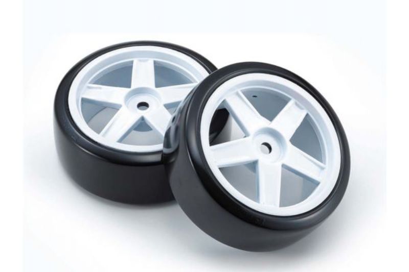 Premounted drift tires featuring a sleek 5-spoke design in white for optimal grip and control in RC drifting.