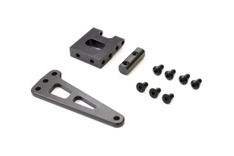 Kyosho reversible servo mount for Lazer ZX7, enhancing steering precision and performance adjustments for RC racing.