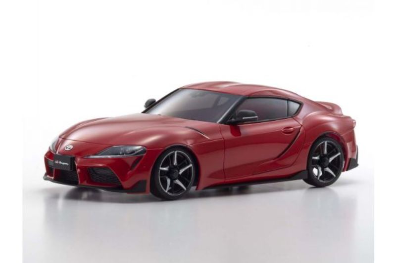 Kyosho AWD GR Supra body set in Prominence Red, designed for MINI-Z chassis, showcasing fine craftsmanship and glossy finish.