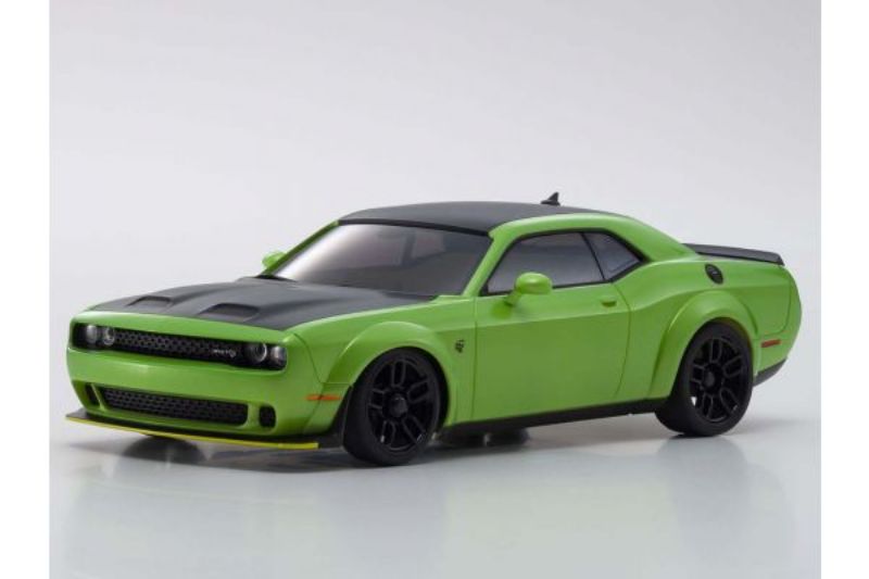 Kyosho AWD Dodge Hellcat body set in metallic green, featuring detailed craftsmanship for scale racing on MINI-Z chassis.