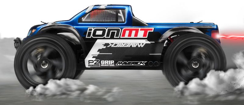 1/18 Ion MT Monster RC car featuring 4WD, MM-28 motor, waterproof receiver, and stylish gold-colored shocks.