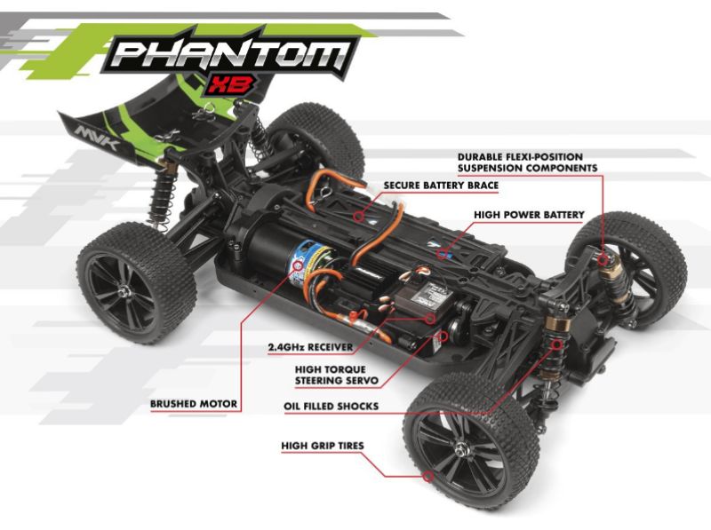 1/10 Phantom XB Green Radio Control Car, rugged 4WD buggy with waterproof features, 550 torque motor, and stylish pre-finished bodyshell.