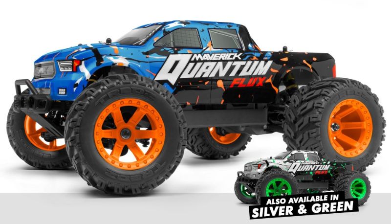 1/10 Quantum MT Flux Blue RC monster truck designed for off-road action, featuring a powerful brushless motor and durable suspension.