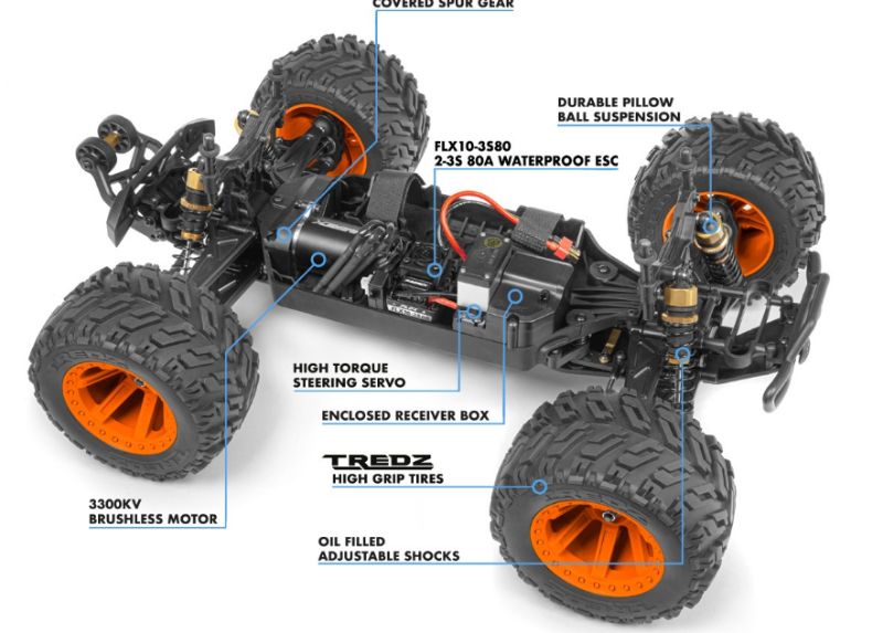 1/10 Quantum MT Flux Blue RC monster truck with 3300KV motor, off-road suspension, and adjustable wheelie bar for thrilling adventures.