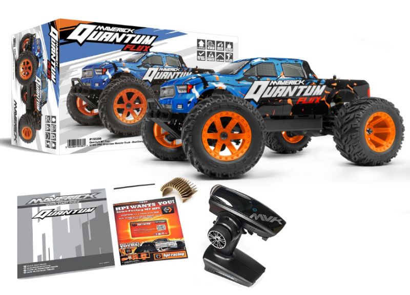 1/10 Quantum MT Flux Blue Radio Control Car, featuring robust brushless motor and advanced suspension for off-road adventures.
